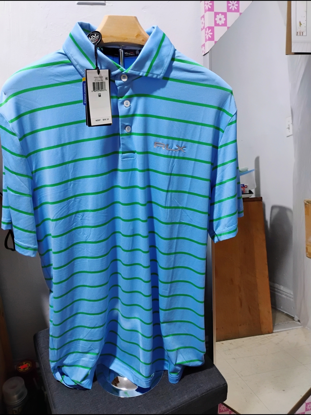Men’s Ralph Lauren RLX Light Blue & Green Striped Golf Polo Shirt Size: M NWT